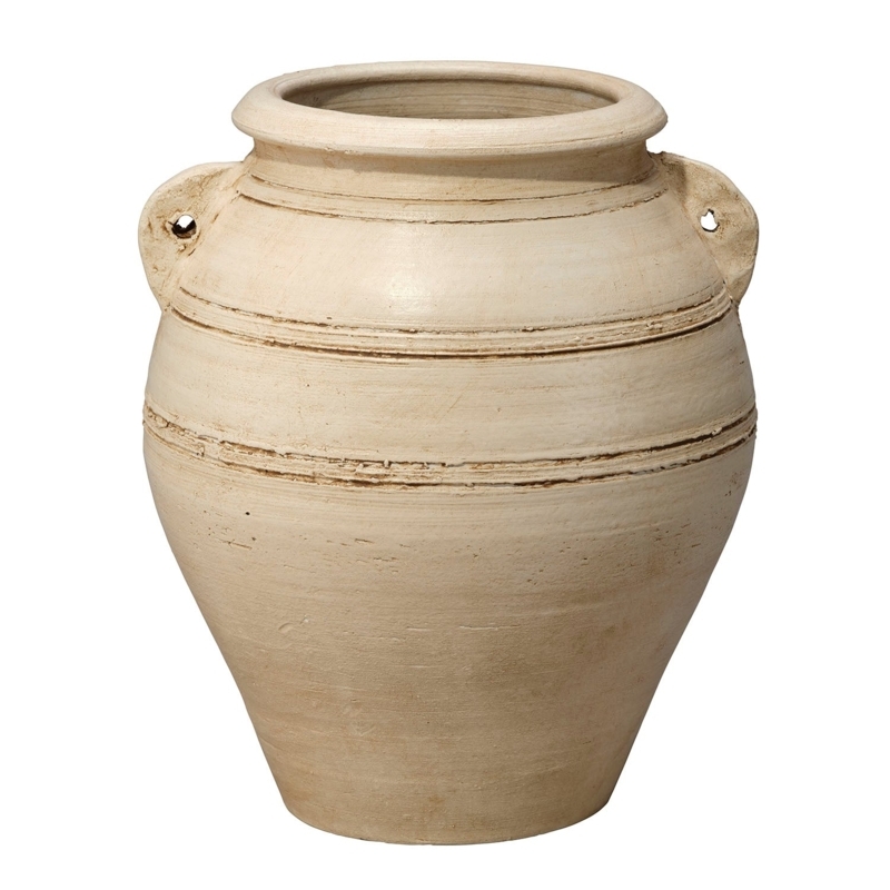 Decorative Jar, Weathered Ceramic, Horizontal Ribbing, Pierced Handles