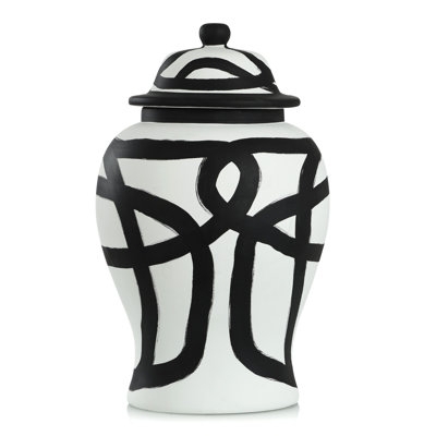 Decorative Jar with Abstract Black Lines Modern Ceramic Ginger Jar