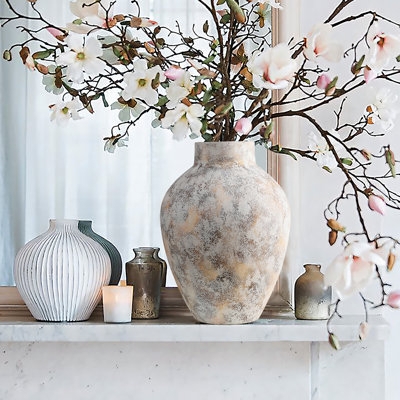 Decorative Jar with Branches Mottled Stoneware Ribbed Ceramic
