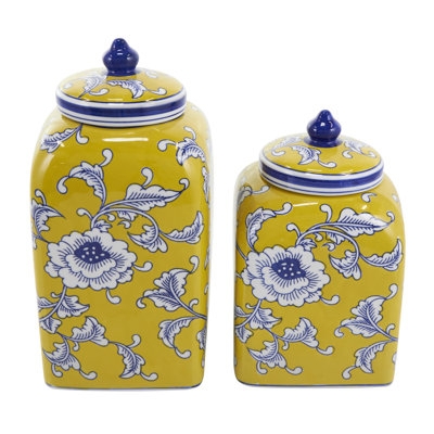 Decorative Jar Yellow Chinoiserie Floral Square Ginger Urn