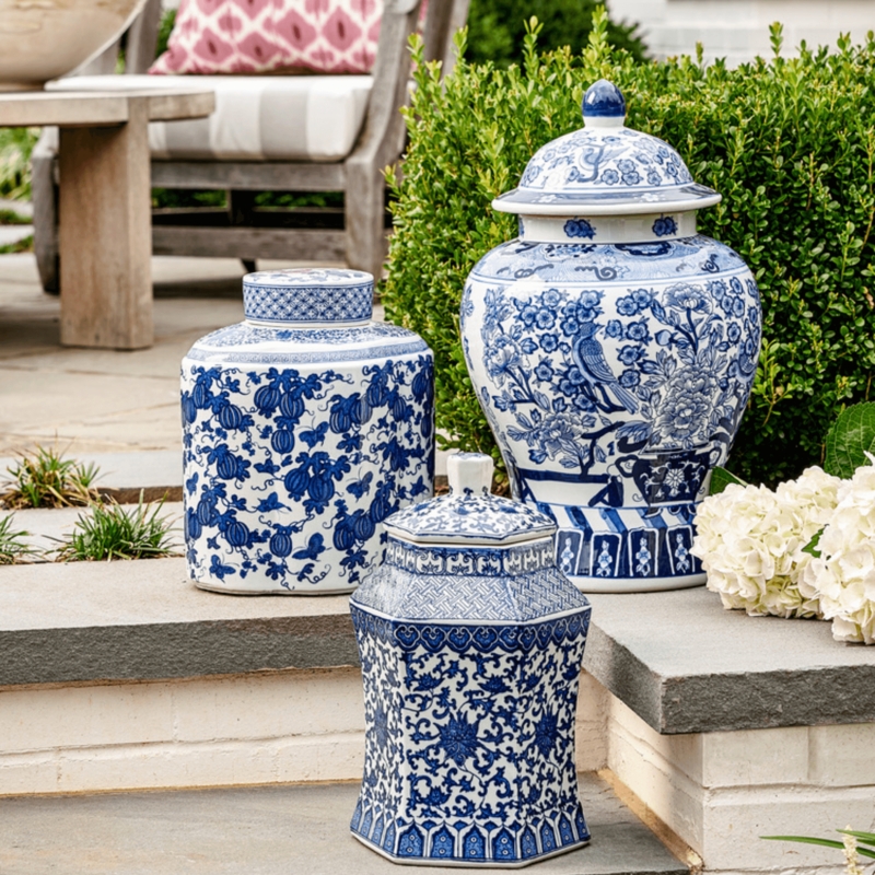 Decorative Jars: Blue and White Porcelain Chinoiserie with Bird Motifs