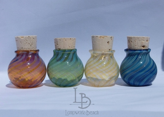 Decorative Jars Miniature Size Swirled Glass Hand Blown Cork Stoppers Boho