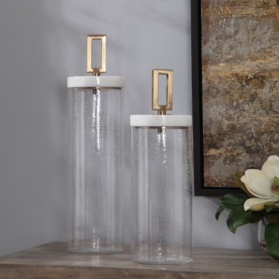 Decorative Jars Set Seeded Glass Rectangular Gold Handles White Lids