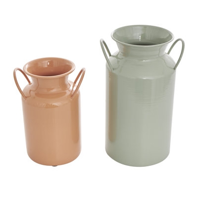 Decorative Jug Set: Muted Earth Tone Metal Vases with Dual Side Handles.