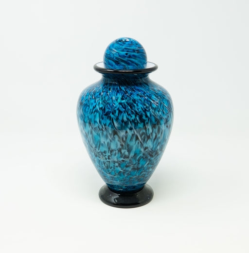 Decorative Urn Aegean Blue Swirls, Black Pedestal Base Hand Blown Glass