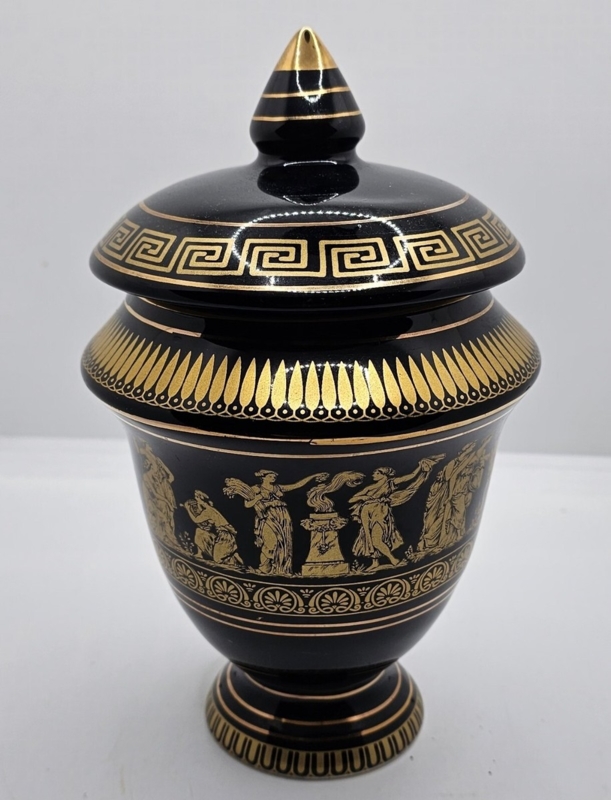 Decorative Urn Black Gloss Mythological Scene Gold Greek Frieze