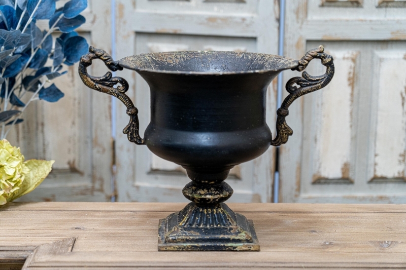 Decorative Urn Distressed Black Trophy Pedestal Base Scrolled Handles
