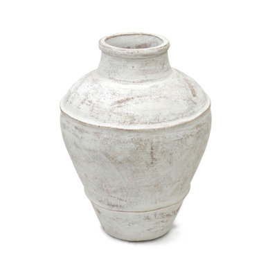 Decorative Urn Distressed Whitewash Ribbed Earthenware Rustic