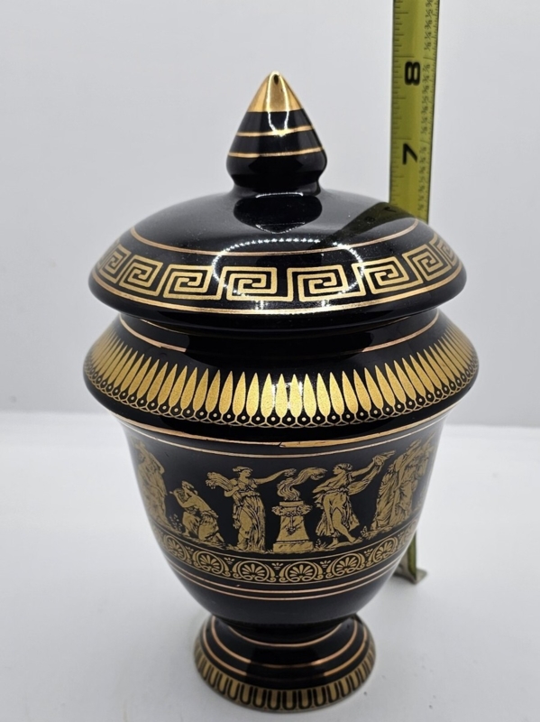 Decorative Urn Glossy Black Greek Key Pattern Ceramic Jar With Lid Neoclassical