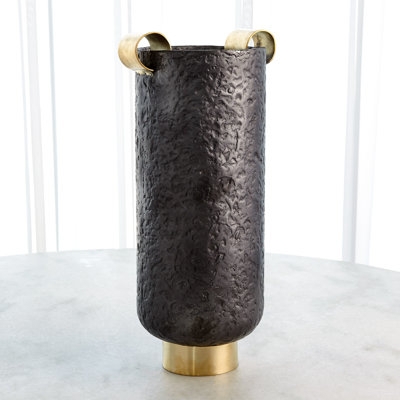 Decorative Urn: Hammered Finish with Metallic Scroll Handles.
