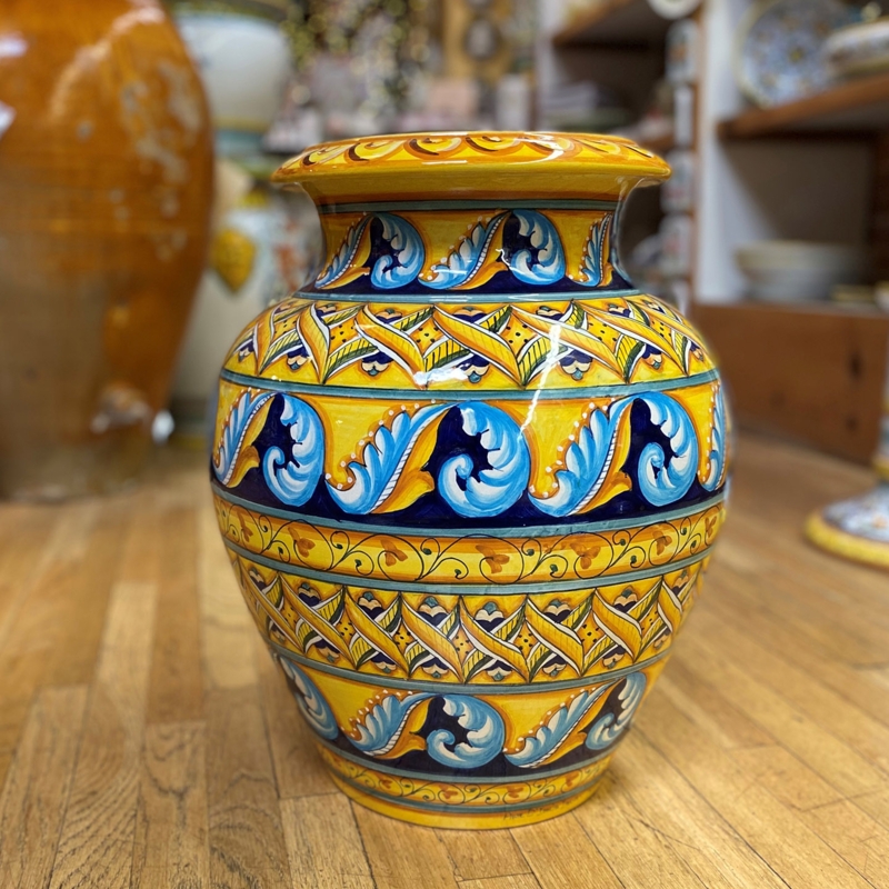 Decorative Urn Mediterranean Pottery, Intricate Geometrico Pattern, Glossy