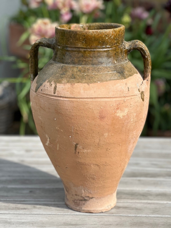 Decorative Urn Partially Glazed Olive Green Neck Weathered Body