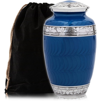 Decorative Urn Royal Blue Enamel Silver Floral Bands Velvet Bag