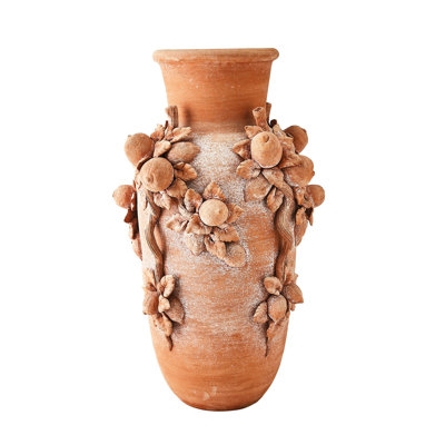 Decorative Urn: Rustic Terracotta with High-Relief Floral Carvings
