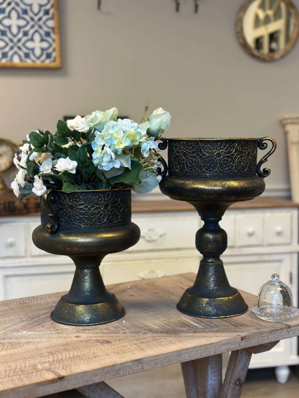 Decorative Urn Set Antique Bronze Embossed Floral Pattern Vintage Decor