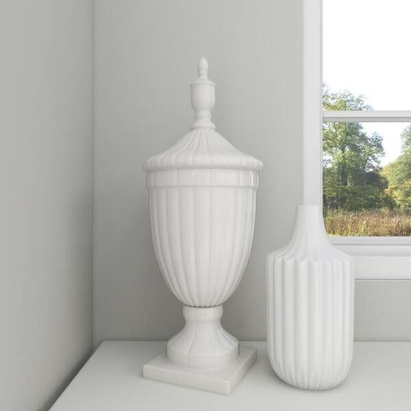 Decorative Urn: Tall Vertical Fluting on Monochromatic White Ceramic