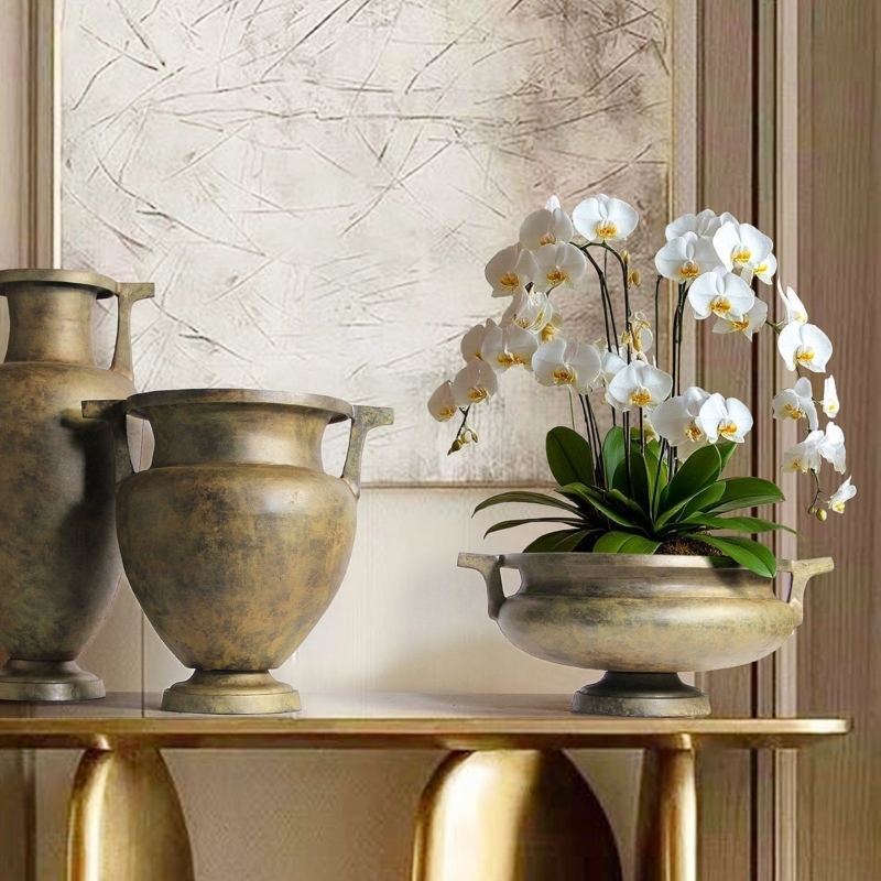Decorative Urn Trio Antique Patina Finish Gold Metal Pedestal Base