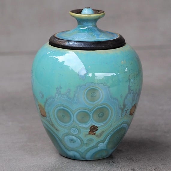 Decorative Urn Turquoise Crystalline Glaze Lidded Artisanal Ceramic