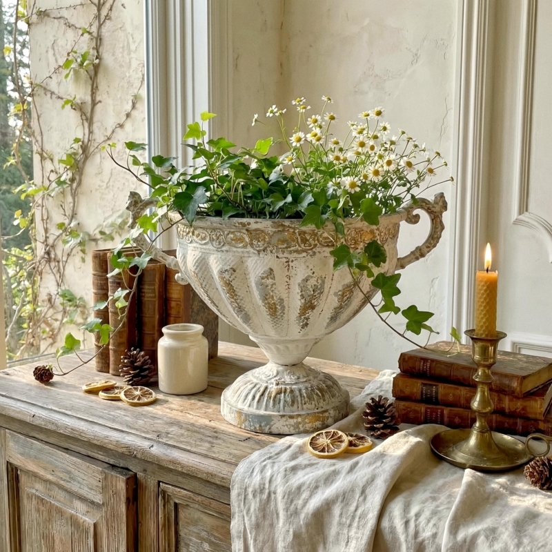 Decorative Urn Vintage French Country Distressed Gold Scroll Handles