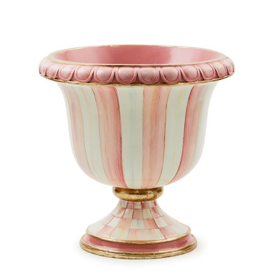 Decorative Urn Whimsical Pink Striped Checkered Pedestal Base