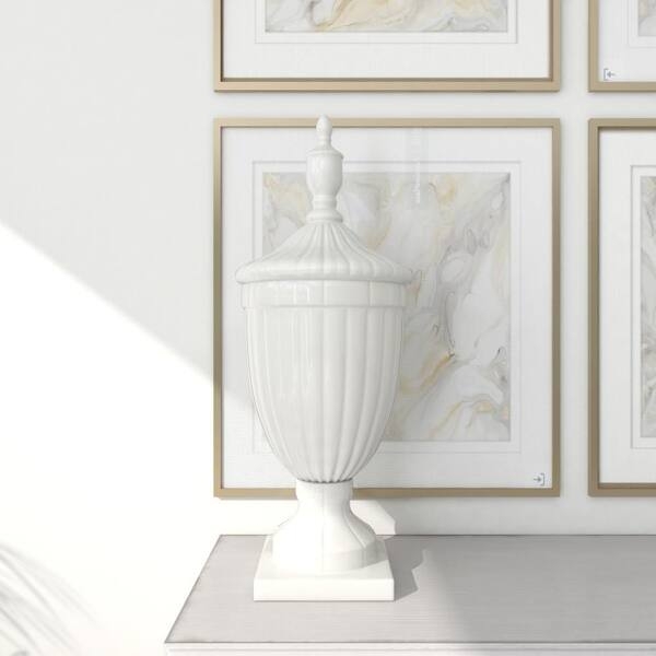 Decorative Urn White Fluted Body Glossy Finish with Finial Lid