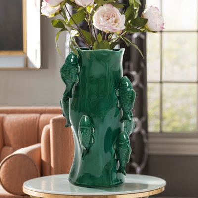 Decorative Vase 3D Fish Accents Marine Green Glaze Ceramic