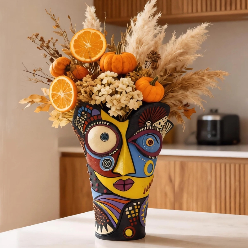 Decorative Vase Abstract Face Design Multicolored Eclectic Decor