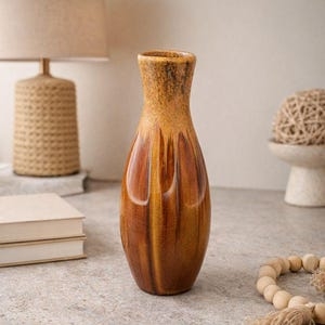 Decorative Vase Amber Drip Glaze Slender Fluted Body Warm Ceramic Vessel