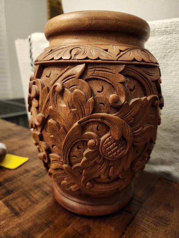 Decorative Vase Artisanal High Relief Carving Botanical Motif Matte