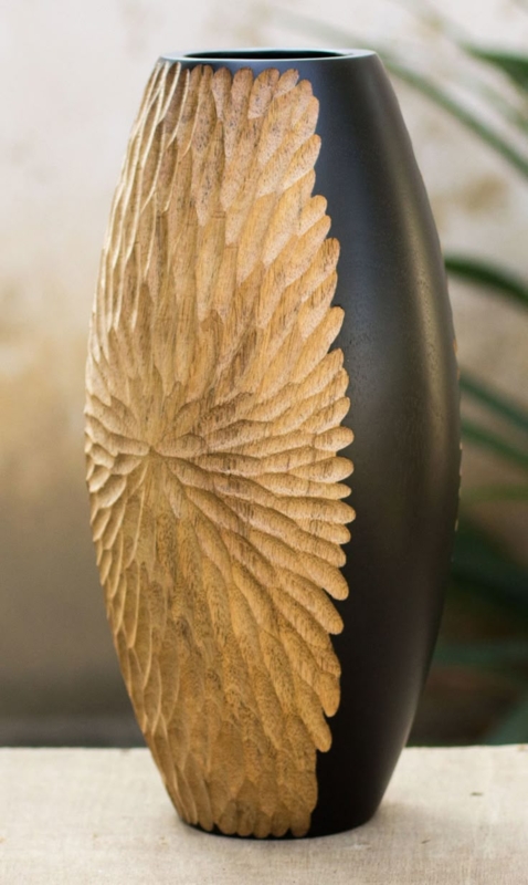 Decorative Vase Artisanal Two-Tone Black Hand Carved Texture