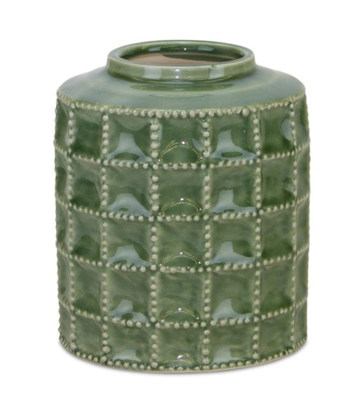 Decorative Vase Beaded Grid Texture Textured Green Ceramic Vase