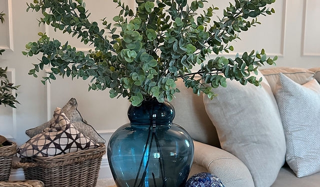 Decorative Vase Blue Tinted Glass Bulbous Silhouette Eucalyptus Styling
