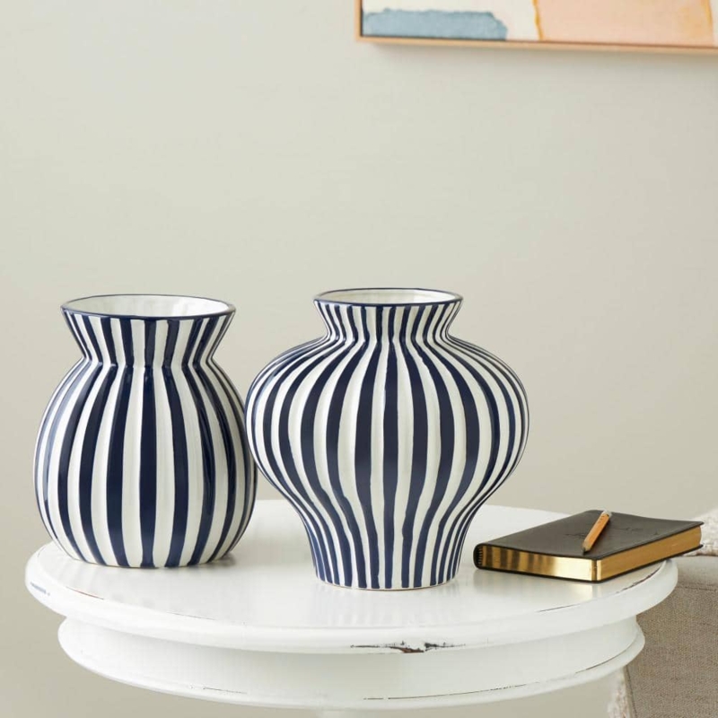 Decorative Vase: Bold Vertical Stripes, Varying Rounded Shapes, Nautical