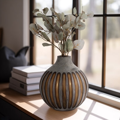 Decorative Vase: Bulbous Gray & Gold Ribbed, Scandinavian style shelf decor.