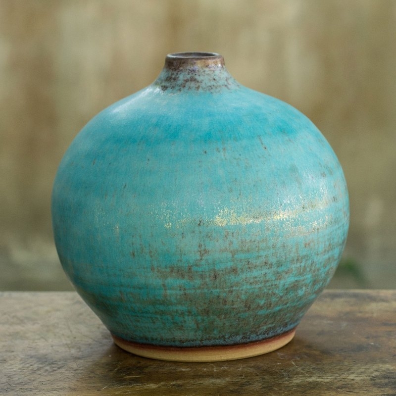 Decorative Vase Bulbous Turquoise Glaze, Handcrafted Ceramic