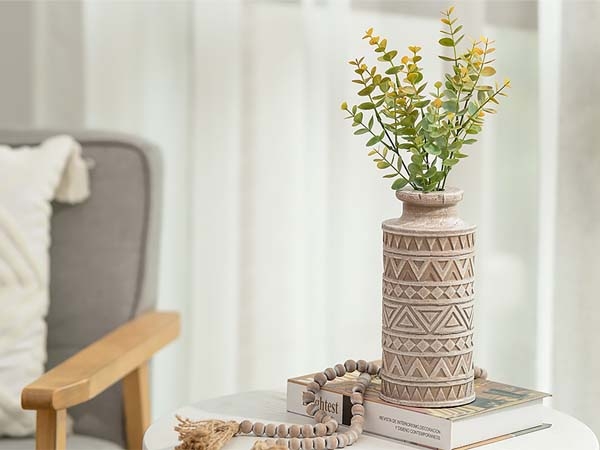 Decorative Vase Carved Geometric Patterns Distressed Whitewash Finish
