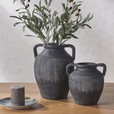 Decorative Vase: Charcoal Stoneware with Ribbed Surface and Dual Handles