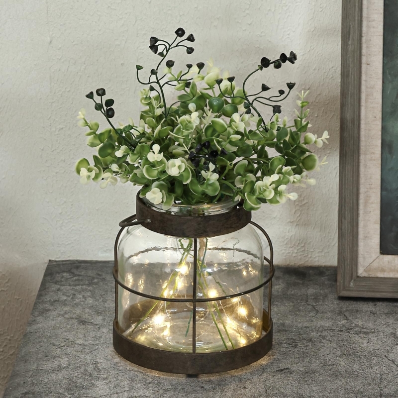 Decorative Vase Distressed Metal Wire Cage Lantern Botanical Arrangement