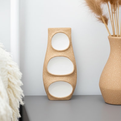 Decorative Vase Geometric Sculptural Circular Cutouts Speckled Tan