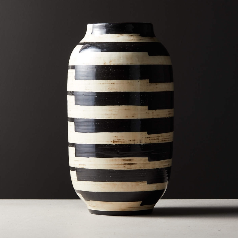 Decorative Vase: Hand Brushed Stripes, Barrel Silhouette, Monochrome