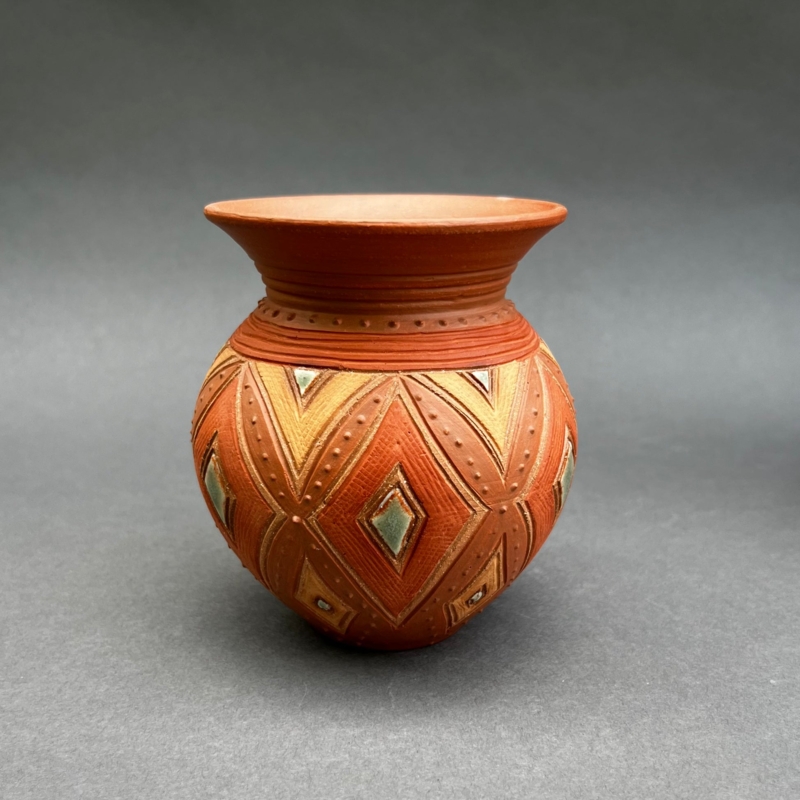 Decorative Vase Hand Carved Diamonds Raised Beading Earth Tone Palette