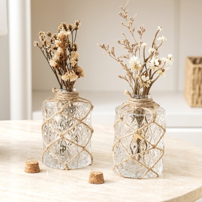 Decorative Vase: Hand-Woven Rope Netting on Clear Textured Glass Bottles