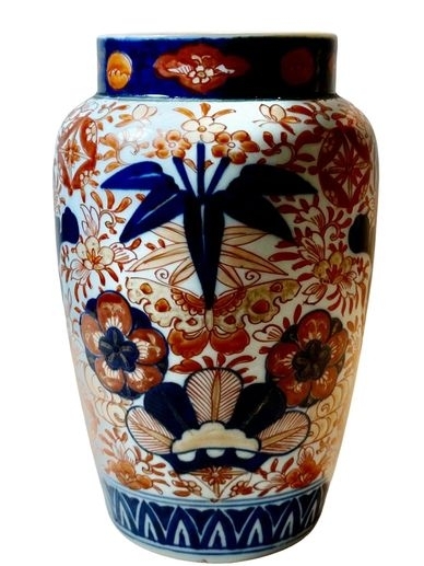 Decorative Vase: Imari Style, Cobalt Blue & Rust, Oriental floral ceramic urn.