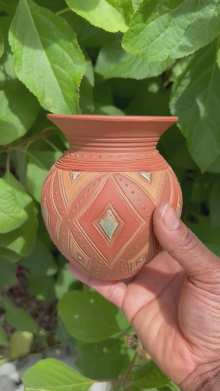 Decorative Vase Incised Diamond Pattern Pale Teal Accents Terracotta Tone