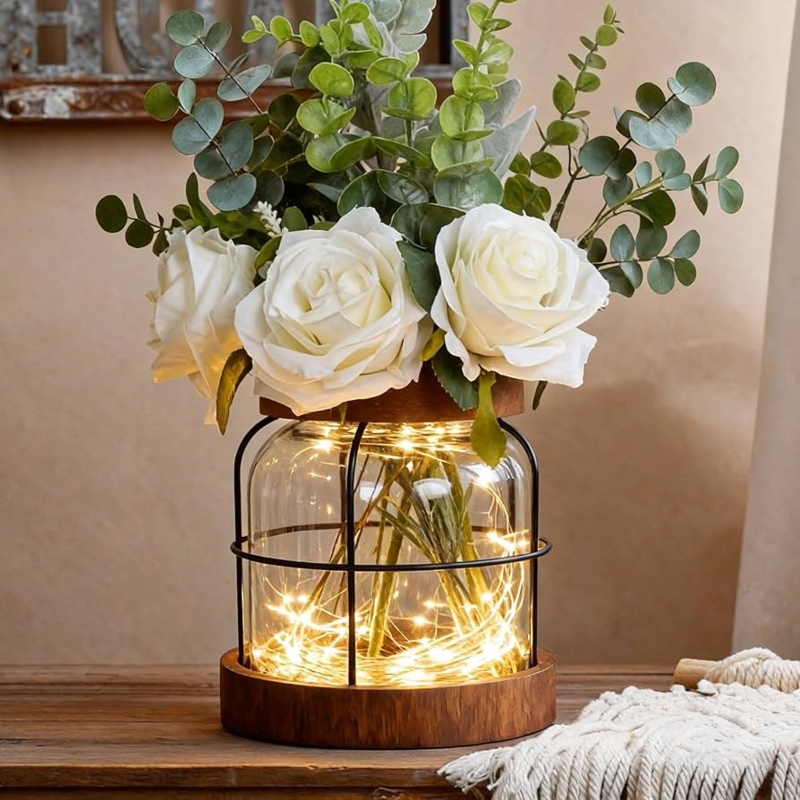 Decorative Vase Internal Fairy Lights Farmhouse Floral Lantern