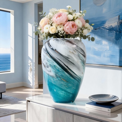 Decorative Vase Large Modern Coastal Teal Marbled Glass Ink Wash