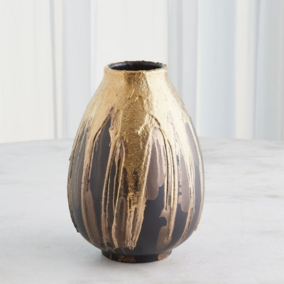 Decorative Vase Matte Black Base with Gold Dripped Texture Ovoid Shape.