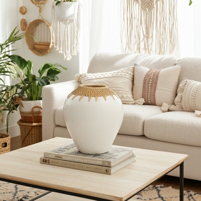 Decorative Vase, Matte White Ceramic with Woven Rattan Neck, Contemporary Urn