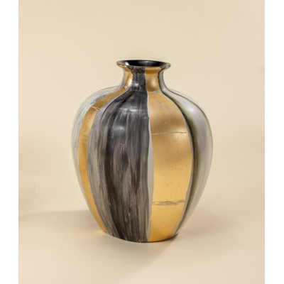 Decorative Vase, Metallic Gold Stripes & Painterly Texture, Modern Glam