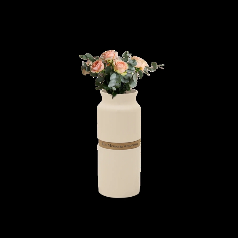 Decorative Vase Minimalist Linen Texture Urn Cream Memorial Inscription